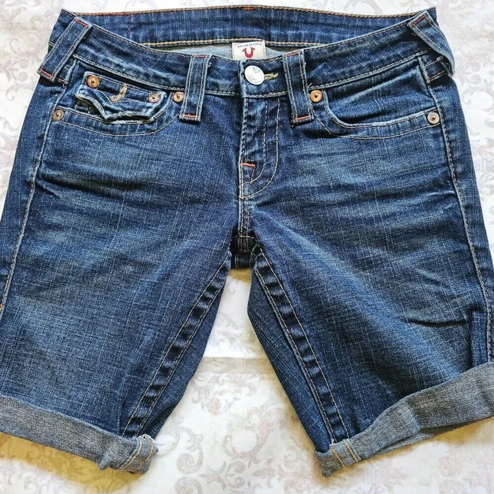 True Religion Bermuda Denim Shorts Womens 27 Rolled Cuff Long Inseam